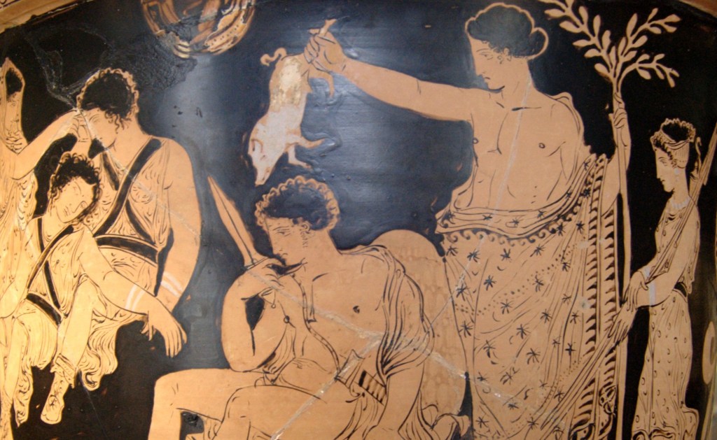 Orestes being purified by Apollo (Clytemnestra tryes to awake the sleeping Erinyes to the left). Side A from an Apulian red-figure bell-krater, 380–370 BC. From Armento?