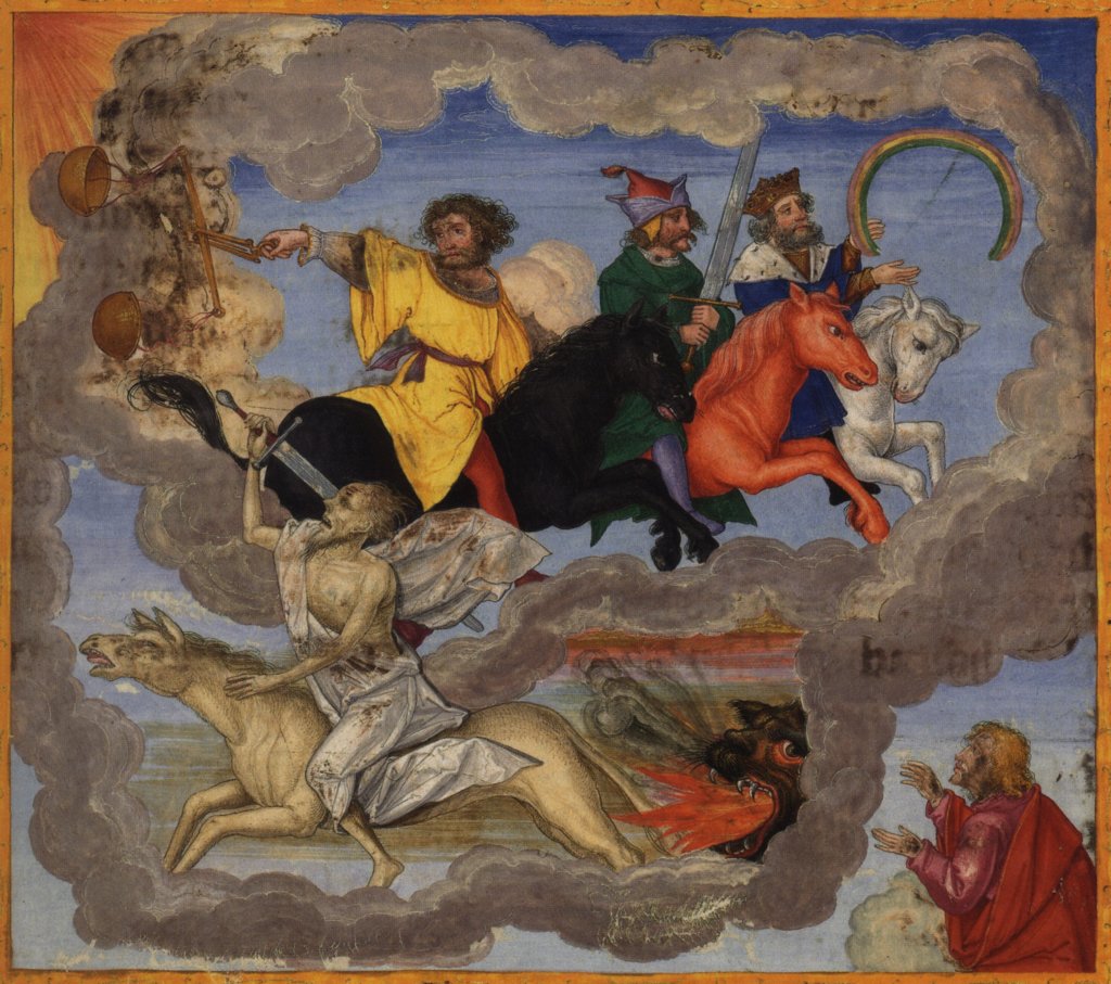 Page 288r: The Four Horsemen of the Apocalypse, Revelation 6:1-8. Miniatur in der Ottheinrich-Bibel auf Blatt 288r